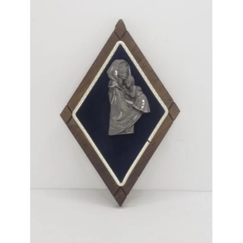 Peltro Cesellato a Mano Pewter Madonna Mary with Child Blue Velvet made in Italy - Picture 2 of 4